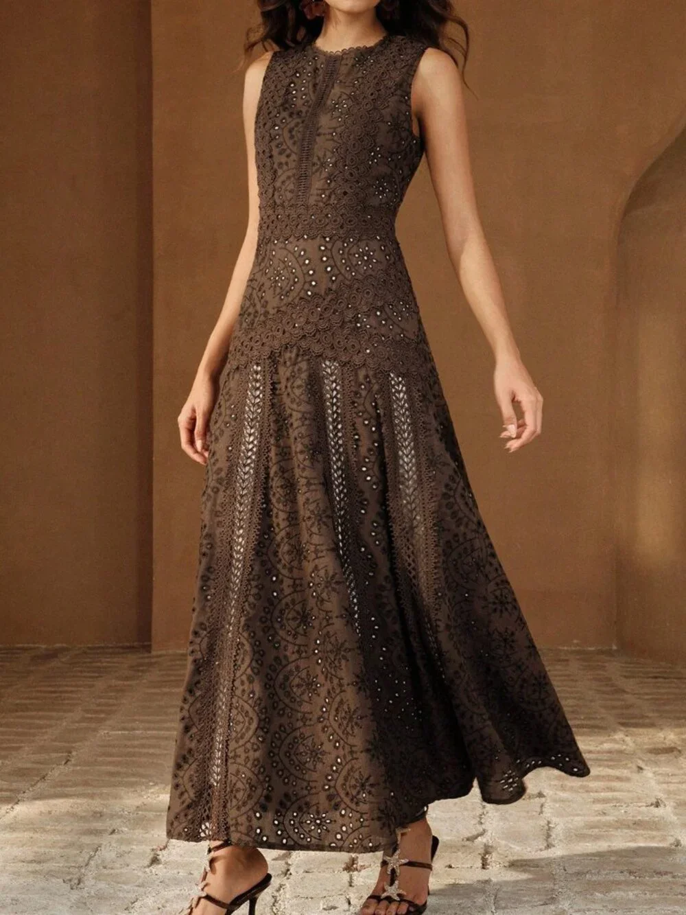 Coffee Brown Party Women's Sleeveless Hollow-Out Elegant Slim Fit Dress